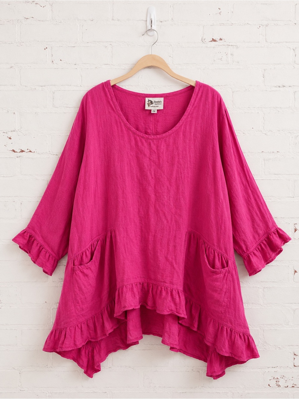 Women's Bright Pink Scoop Neck Ruffle-Hem Tunic
